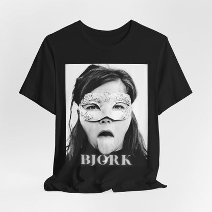 A black graphic t-shirt featuring a black and white portrait photo of Bjork.