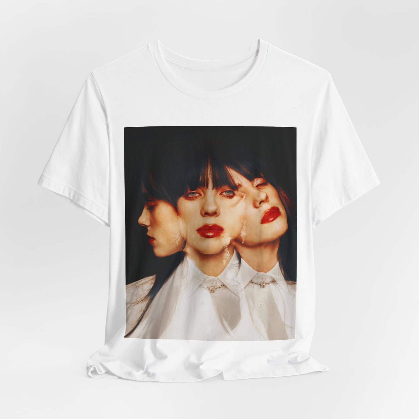 A classic, glamorous portrait of Billie Eilish as a pop star, with blonde hair and a confident gaze, printed on a t-shirt.