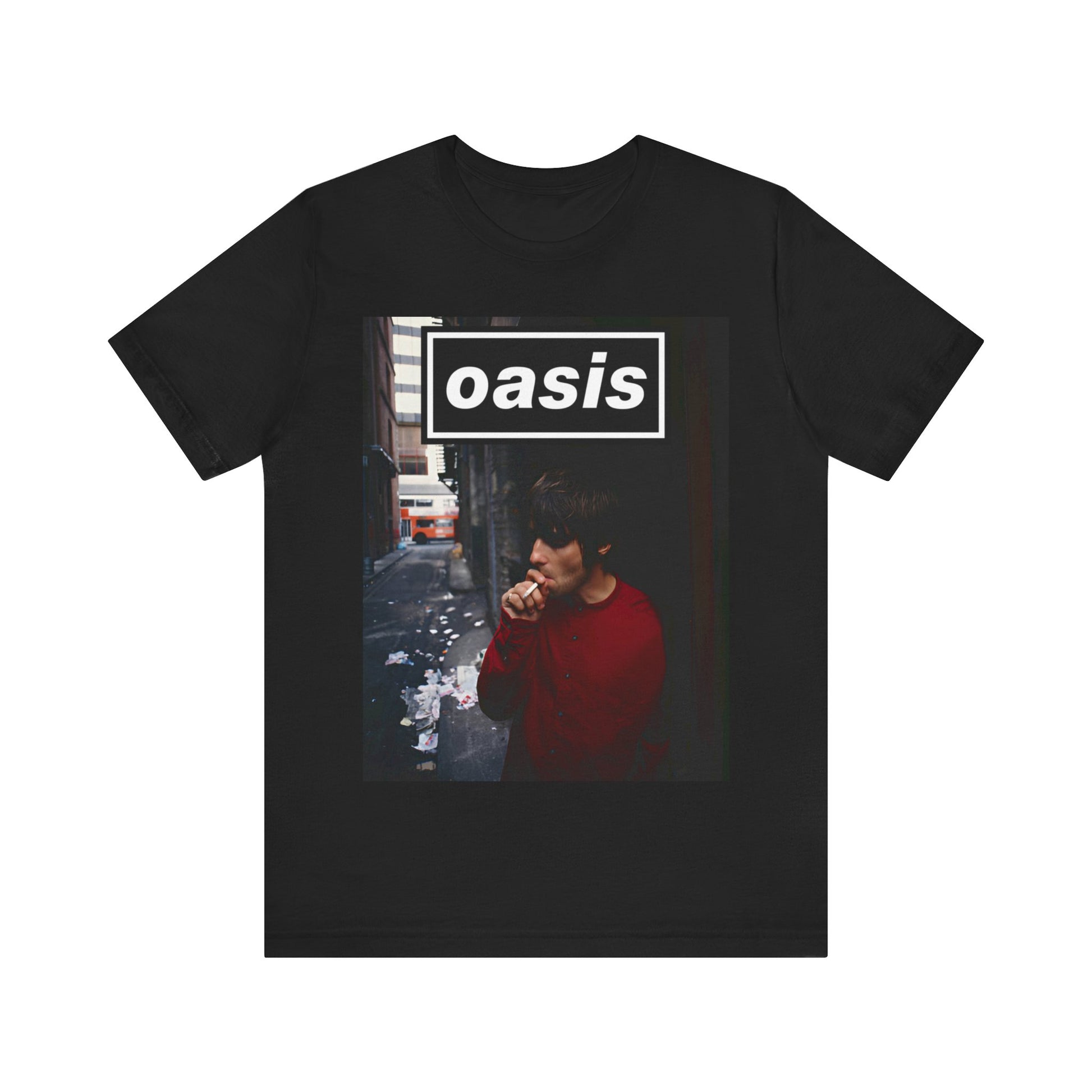 A black graphic t-shirt featuring a classic 90s rock and roll graphic of Oasis.