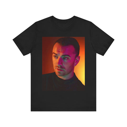 A black graphic t-shirt featuring a colorful portrait graphic of Sam Smith.