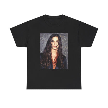 A black graphic t-shirt featuring a classic portrait or graphic of Alanis Morissette.