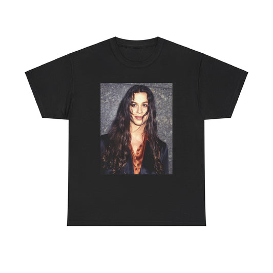 A black graphic t-shirt featuring a classic portrait or graphic of Alanis Morissette.