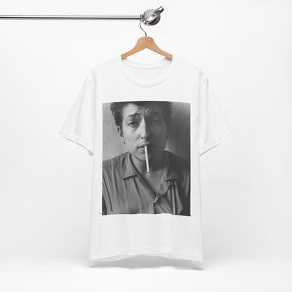 A black graphic t-shirt featuring a graphic of Bob Dylan from the 60s, depicted as a renegade folk icon.