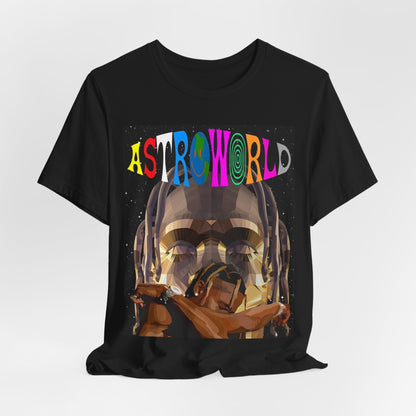 A black graphic t-shirt featuring a graphic related to Travis Scott's Astroworld album era.