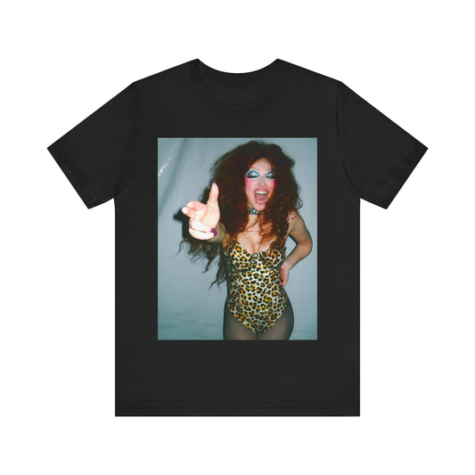 A black graphic t-shirt featuring a graphic of Chappell Roan as a modern queer pop icon.