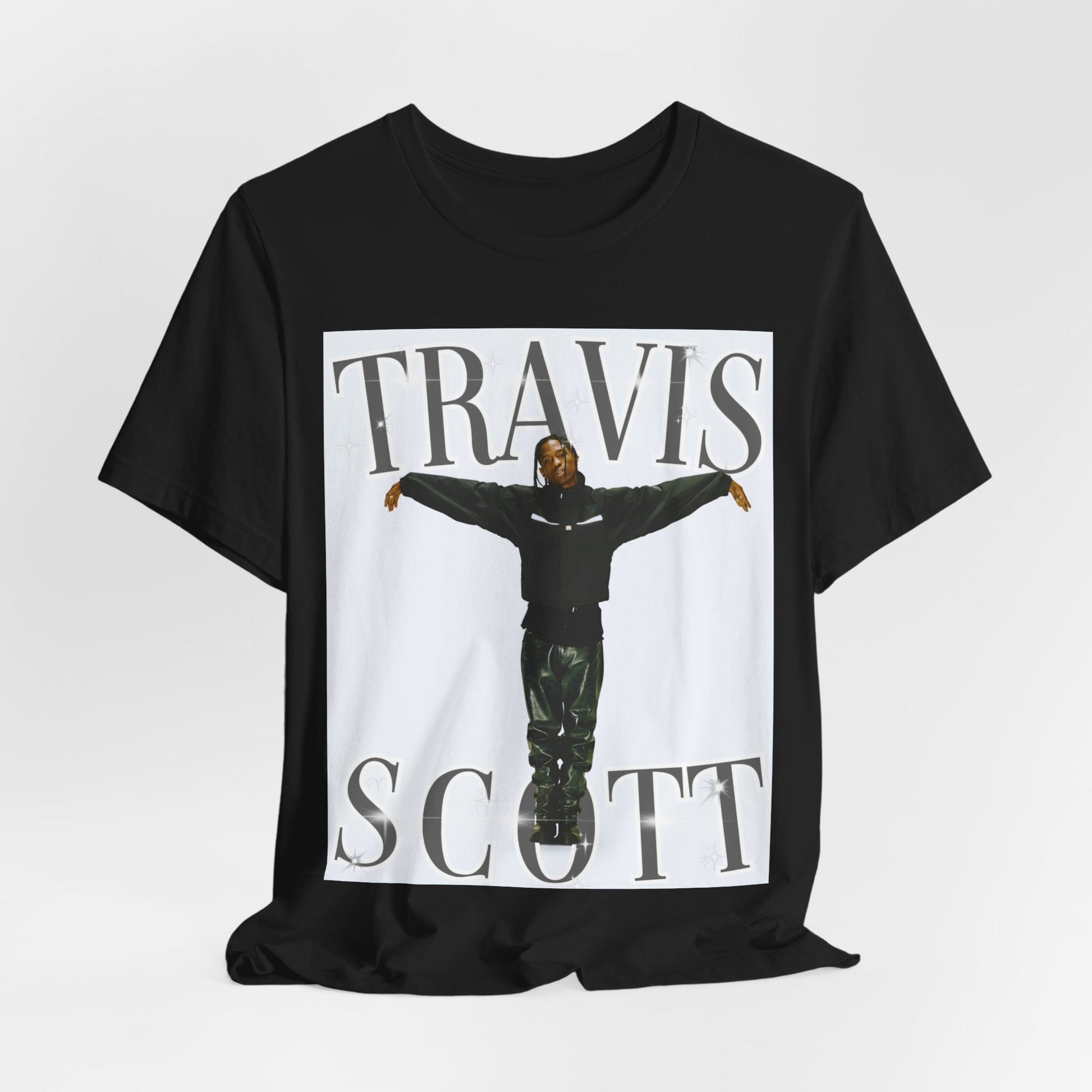 A black graphic t-shirt featuring a cool streetwear icon graphic of Travis Scott.