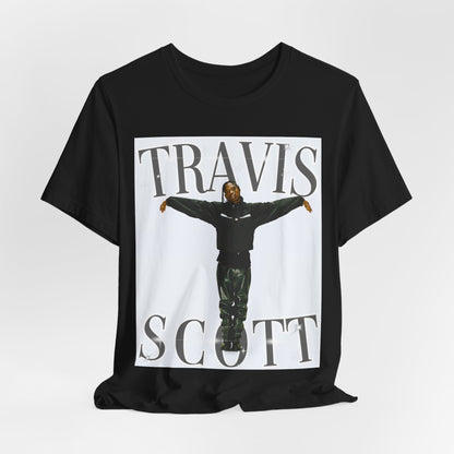 A black graphic t-shirt featuring a cool streetwear icon graphic of Travis Scott.