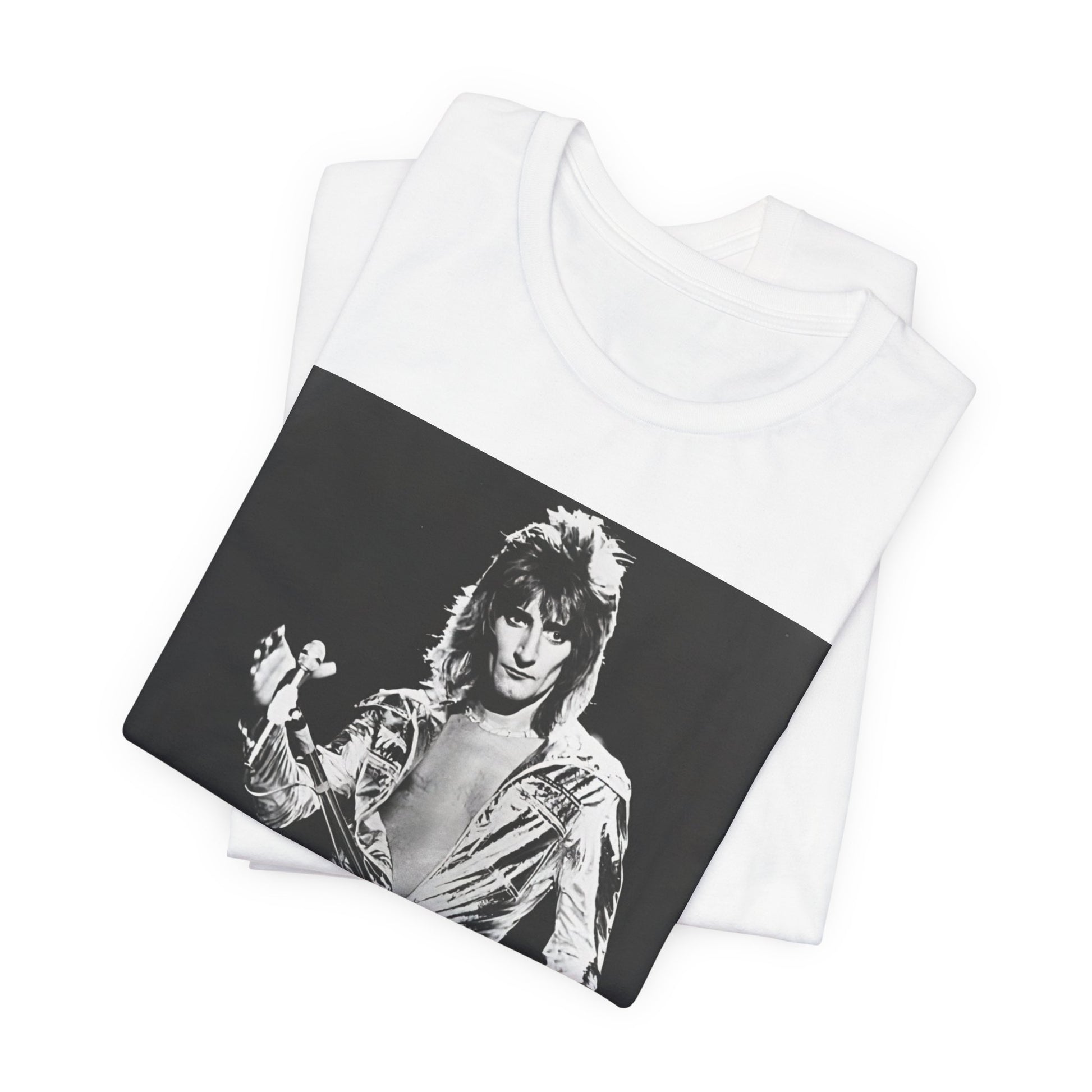 A black graphic t-shirt featuring a 70s black and white monochrome graphic or photo of Rod Stewart.