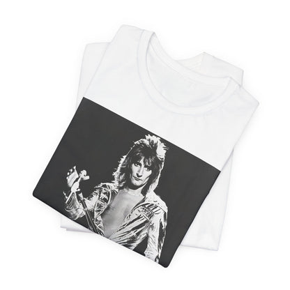A black graphic t-shirt featuring a 70s black and white monochrome graphic or photo of Rod Stewart.