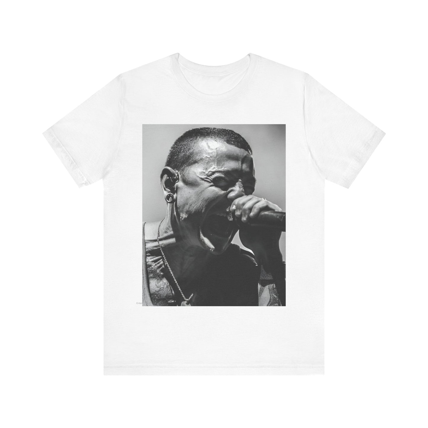 A black graphic t-shirt featuring a fierce graphic of Linkin Park performing live on stage.