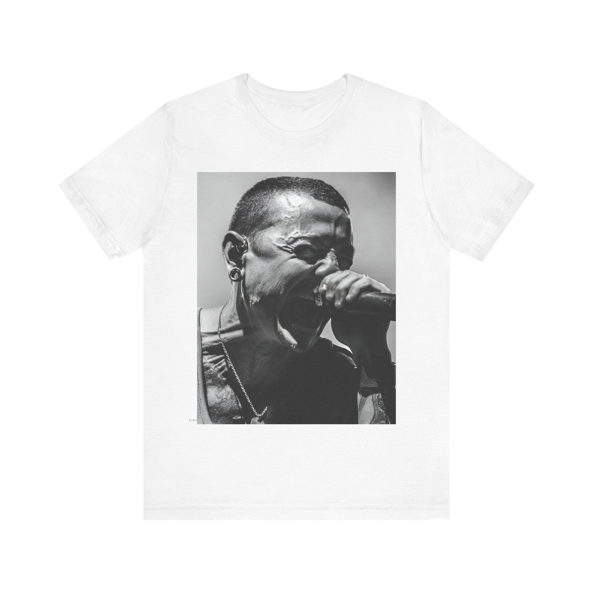 A black graphic t-shirt featuring a fierce graphic of Linkin Park performing live on stage.
