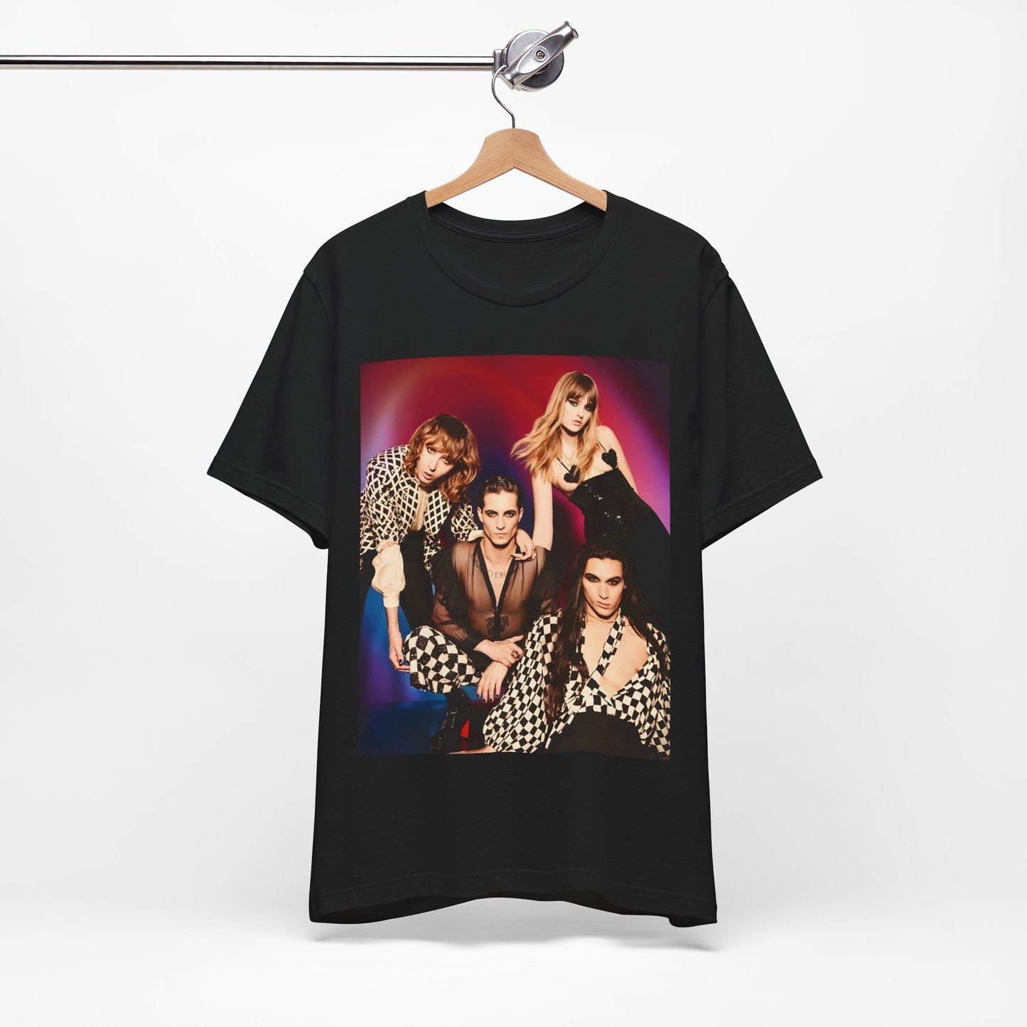 A black graphic t-shirt featuring a vintage glam rock graphic of Maneskin.