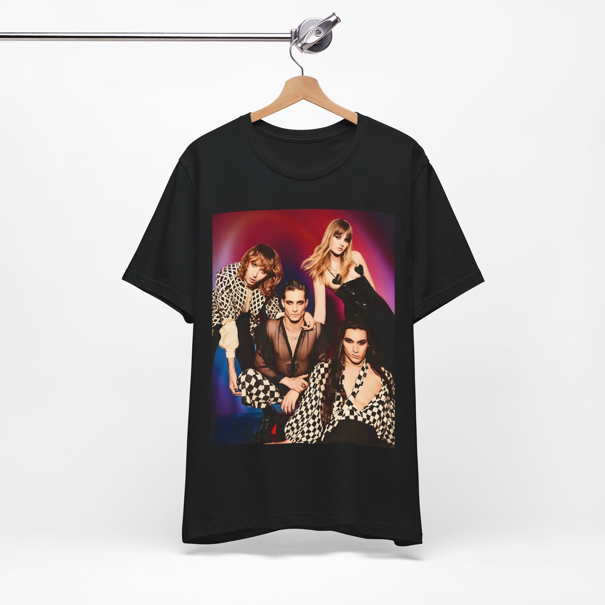 A black graphic t-shirt featuring a vintage glam rock graphic of Maneskin.