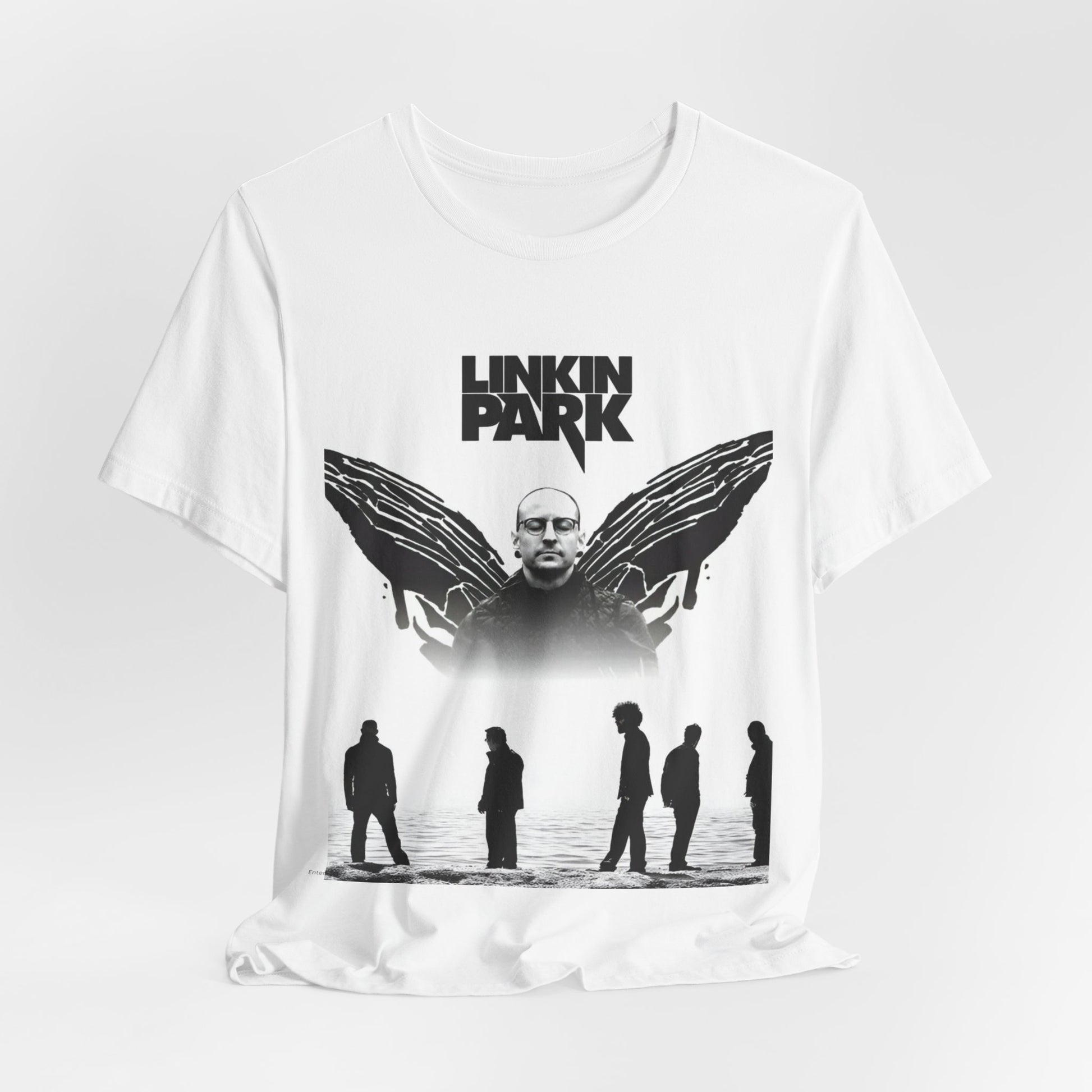 A black graphic t-shirt featuring a tribute graphic for Chester Bennington of Linkin Park.