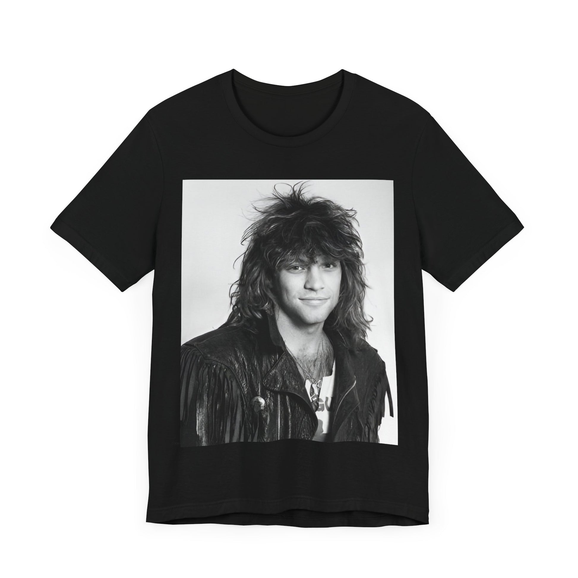 A black graphic t-shirt featuring a black and white photo of Bon Jovi from a 90s tour, performing on stage.
