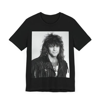 A black graphic t-shirt featuring a black and white photo of Bon Jovi from a 90s tour, performing on stage.