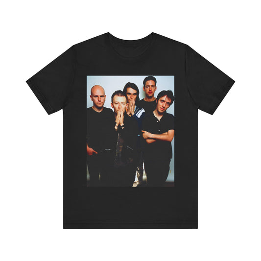 A black graphic t-shirt featuring a bold alt rock superstar graphic of Radiohead.