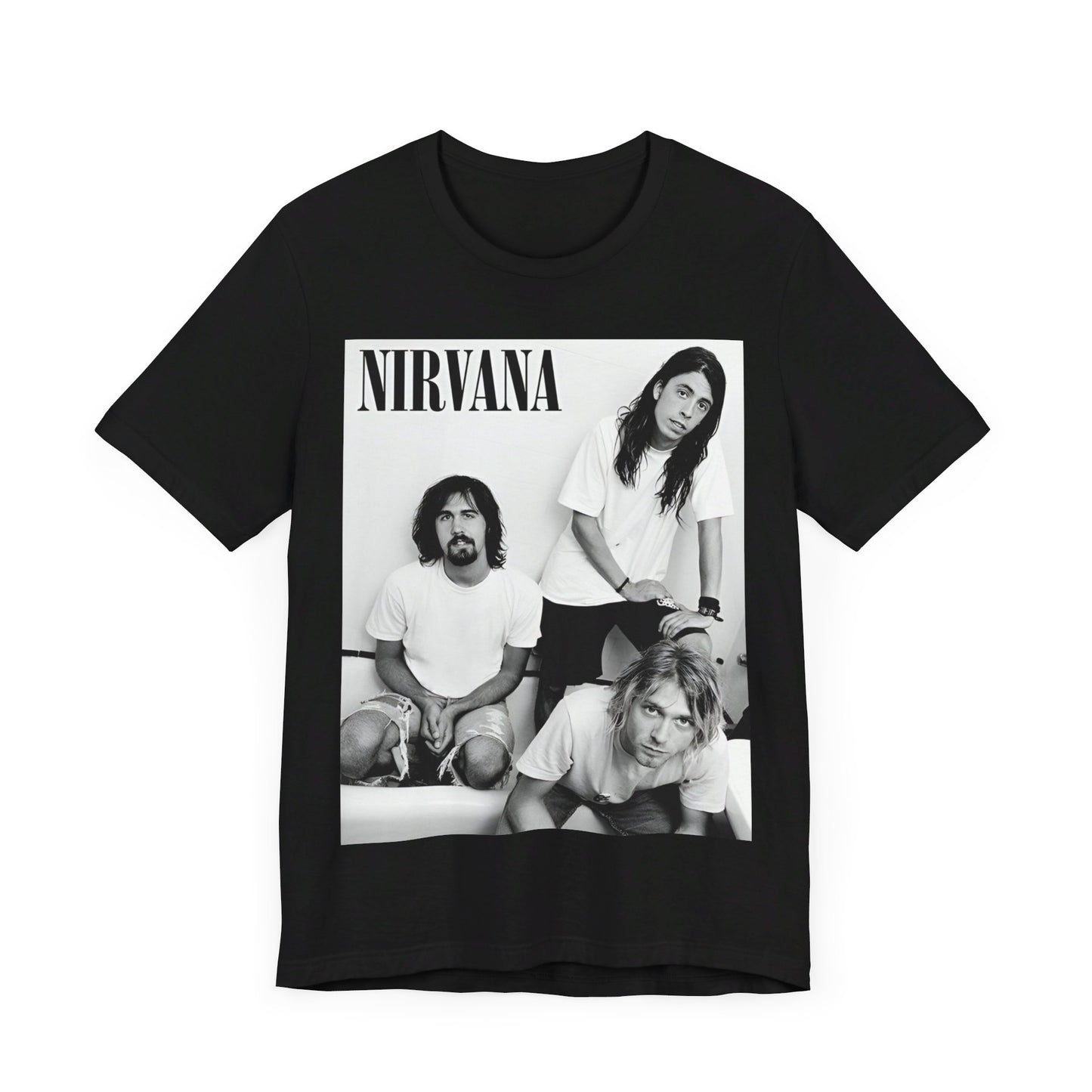 A black graphic t-shirt featuring a graphic of Nirvana emphasizing a rebellious grunge spirit.