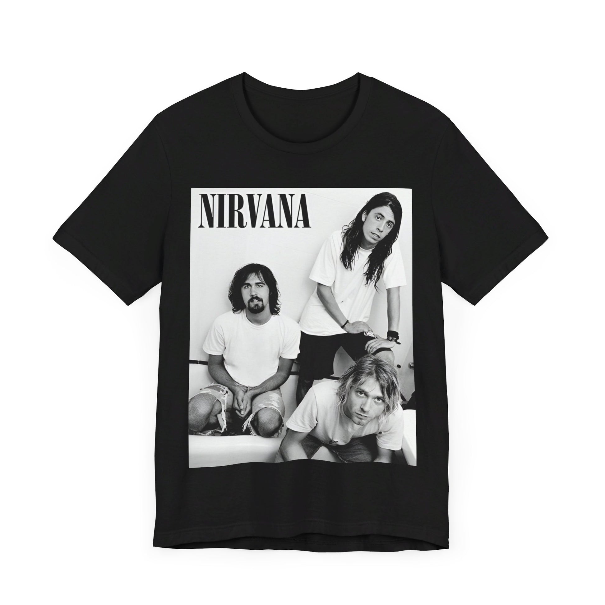 A black graphic t-shirt featuring a graphic of Nirvana emphasizing a rebellious grunge spirit.