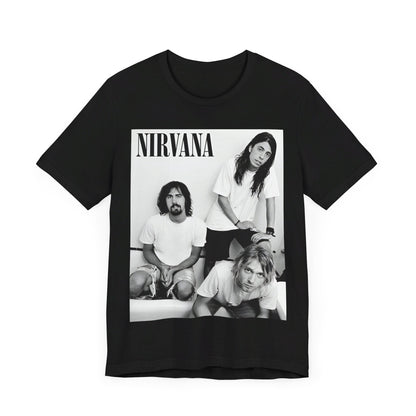 A black graphic t-shirt featuring a graphic of Nirvana emphasizing a rebellious grunge spirit.