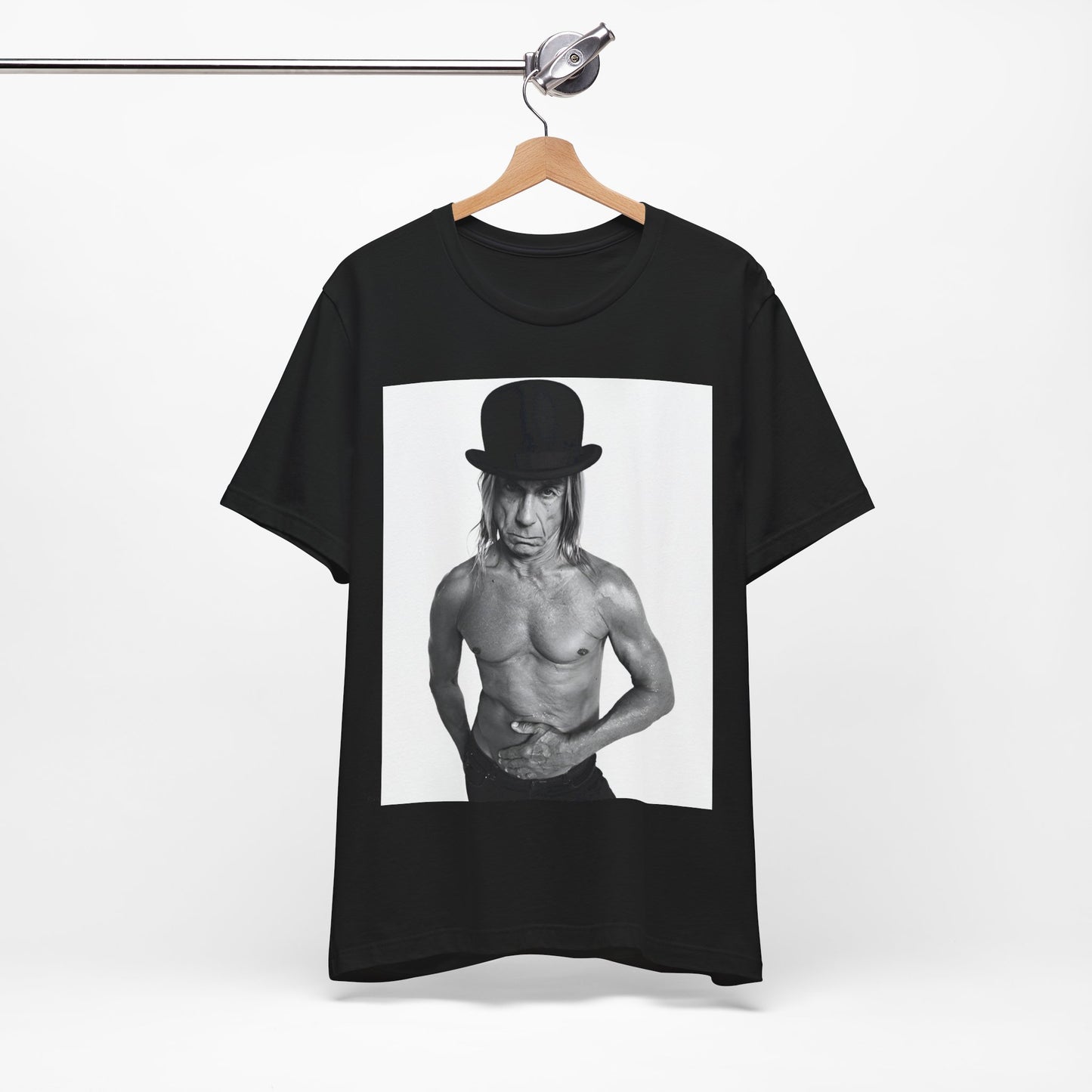 A black graphic t-shirt featuring a black and white photo of Iggy Pop wearing a hat.