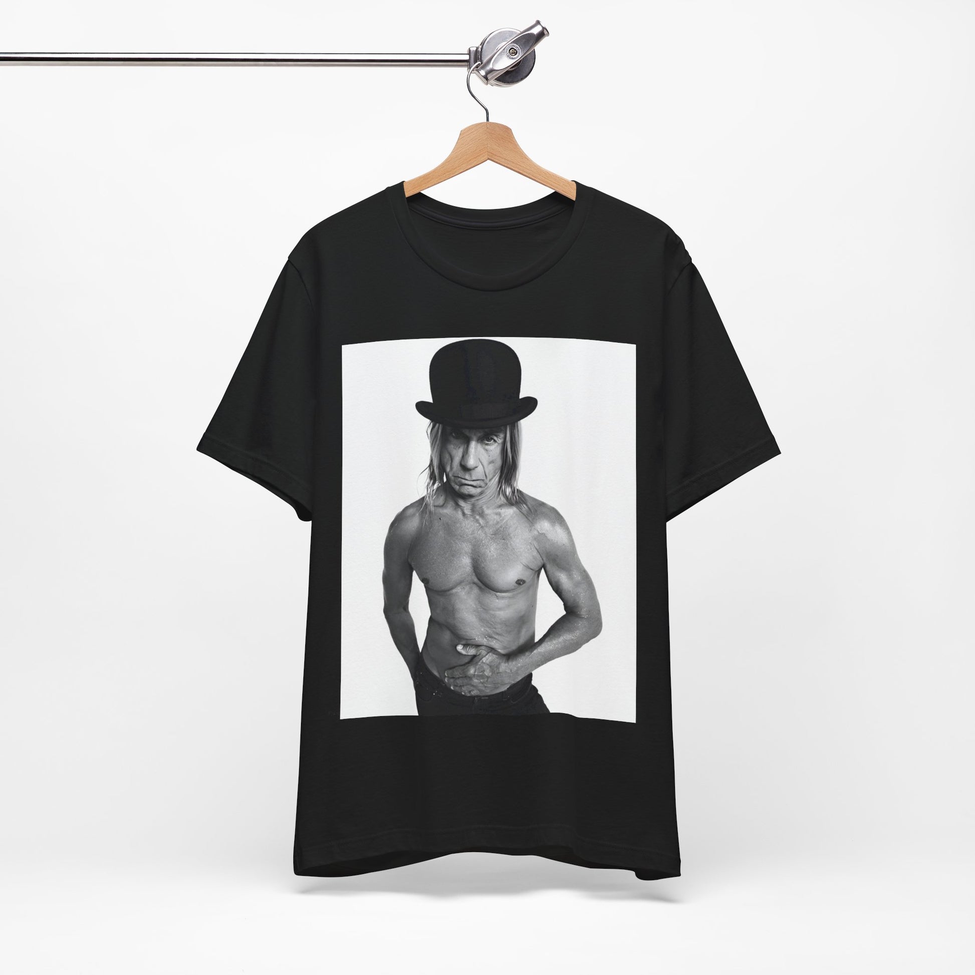 A black graphic t-shirt featuring a black and white photo of Iggy Pop wearing a hat.