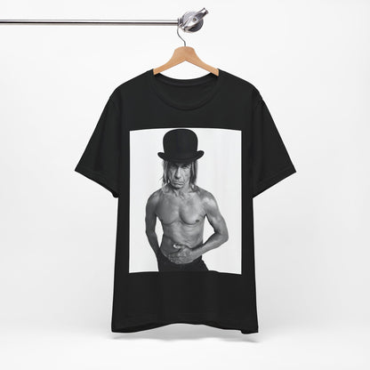 A black graphic t-shirt featuring a black and white photo of Iggy Pop wearing a hat.
