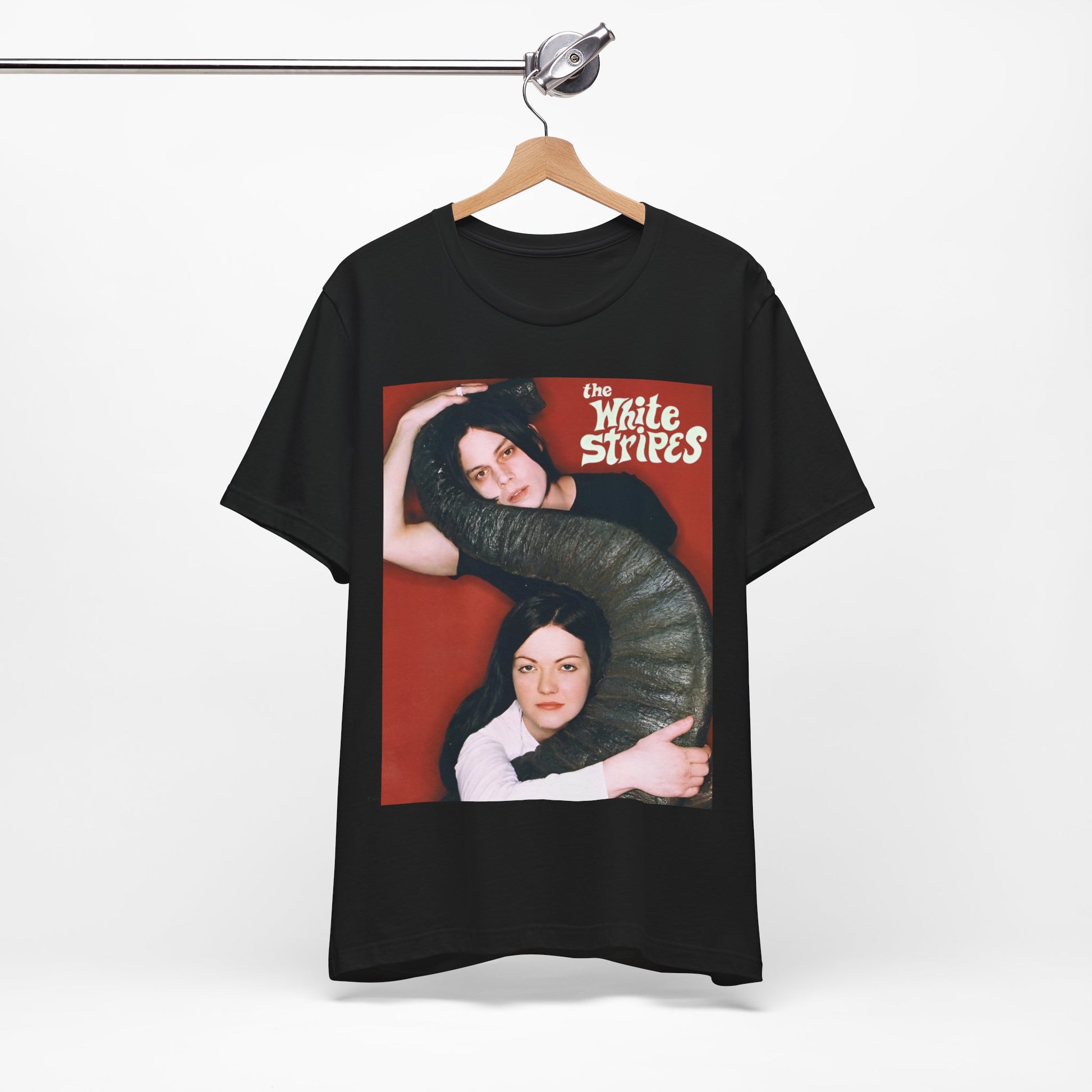 A black graphic t-shirt featuring a vintage graphic related to The White Stripes' 'Elephant' album era.