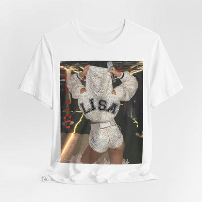 A black graphic t-shirt featuring a graphic or photo of Lisa in a backstage setting.