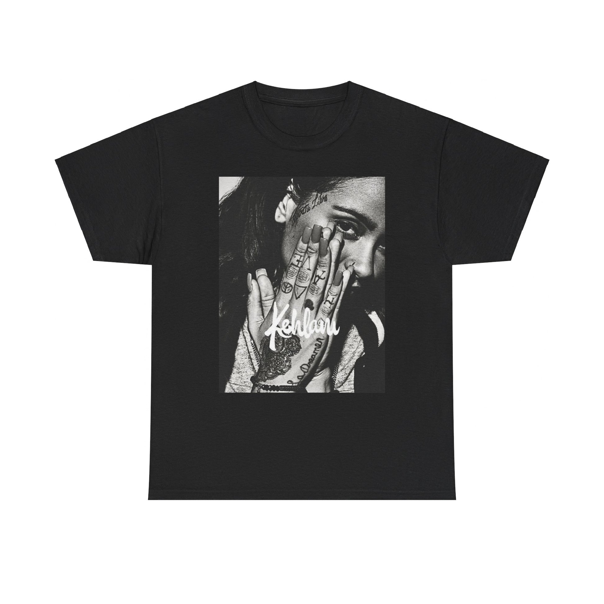 A black graphic t-shirt featuring a casual R&B fan graphic of Kehlani.