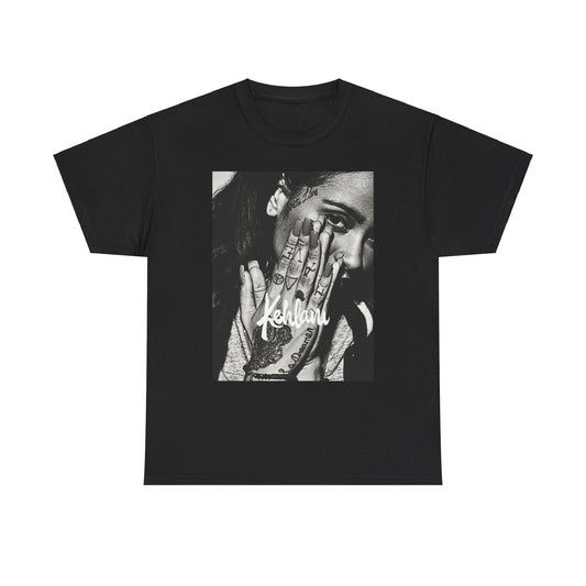 A black graphic t-shirt featuring a casual R&B fan graphic of Kehlani.