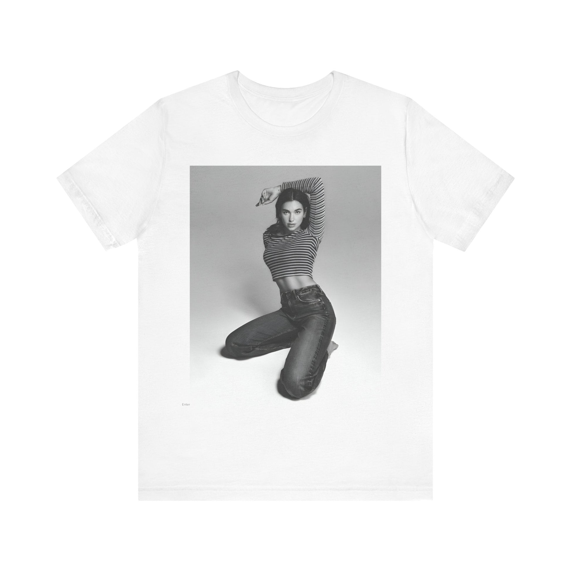 A black graphic t-shirt featuring a black and white photo of Dua Lipa in a posed manner.