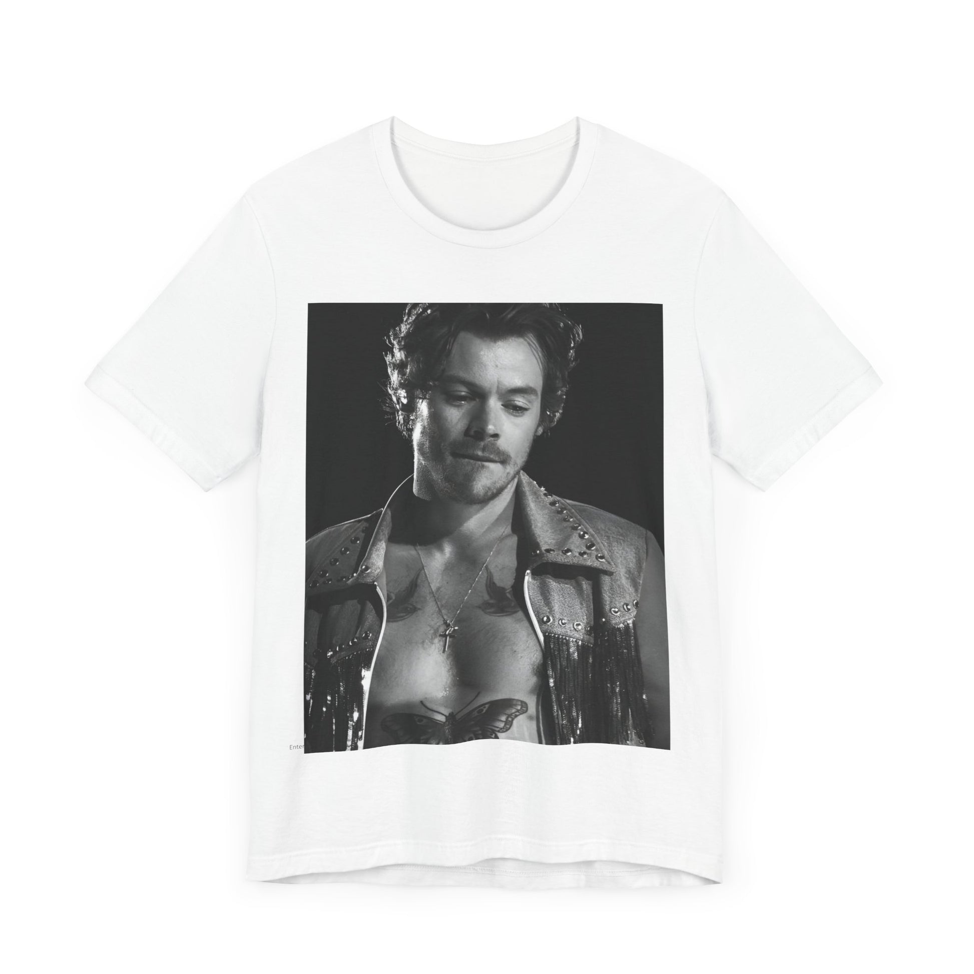 A black graphic t-shirt featuring a black and white graphic inspired by Harry Styles' tattoos.