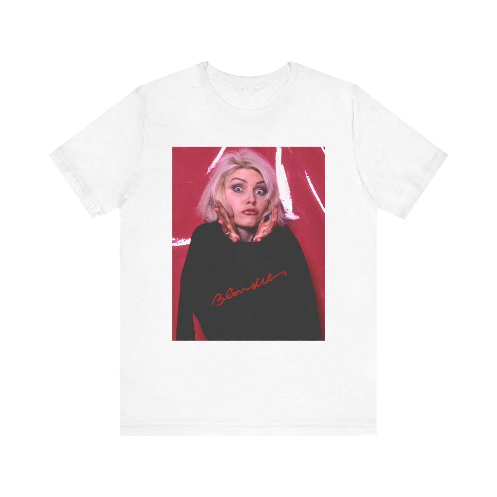 A black graphic t-shirt featuring a graphic related to Blondie's 'Atomic' song or era.