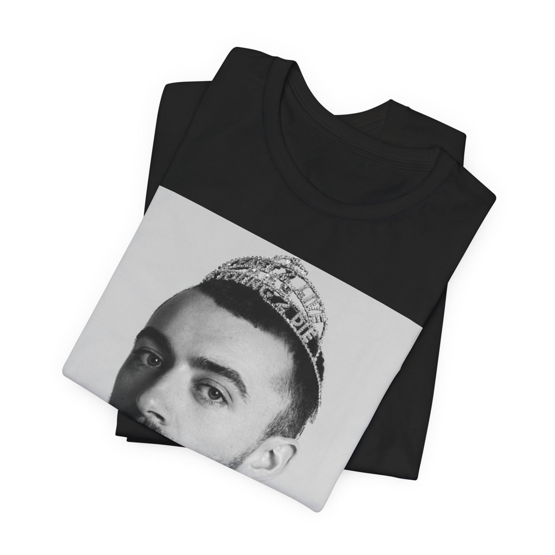 A black graphic t-shirt featuring a graphic of Sam Smith as a gender fluid icon.