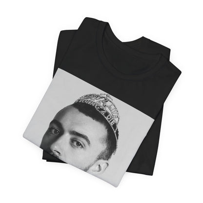 A black graphic t-shirt featuring a graphic of Sam Smith as a gender fluid icon.