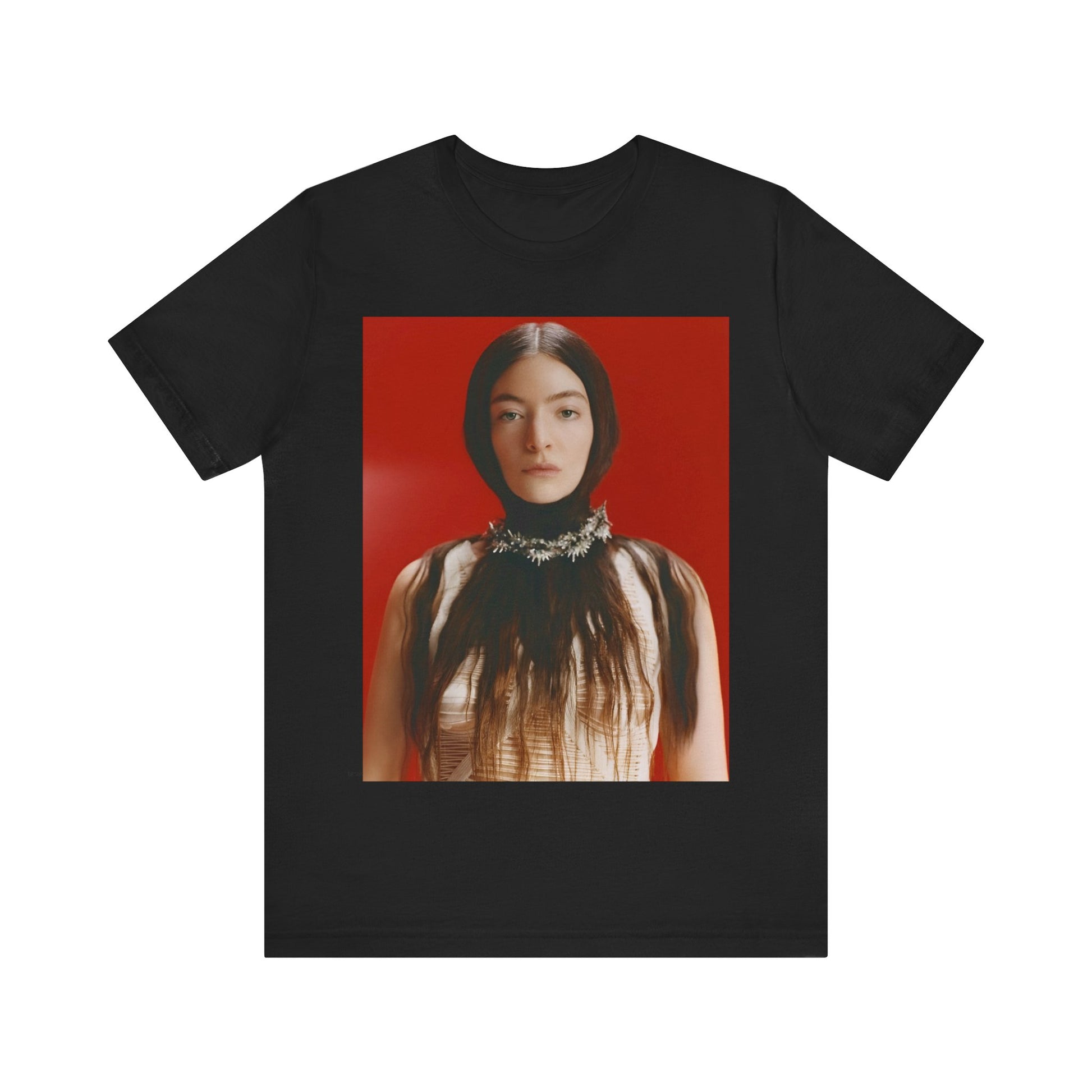 A black graphic t-shirt featuring a vintage indie pop icon graphic of Lorde.