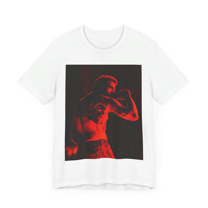 A black graphic t-shirt featuring a graphic related to Post Malone's 'Stoney' album or live performances.