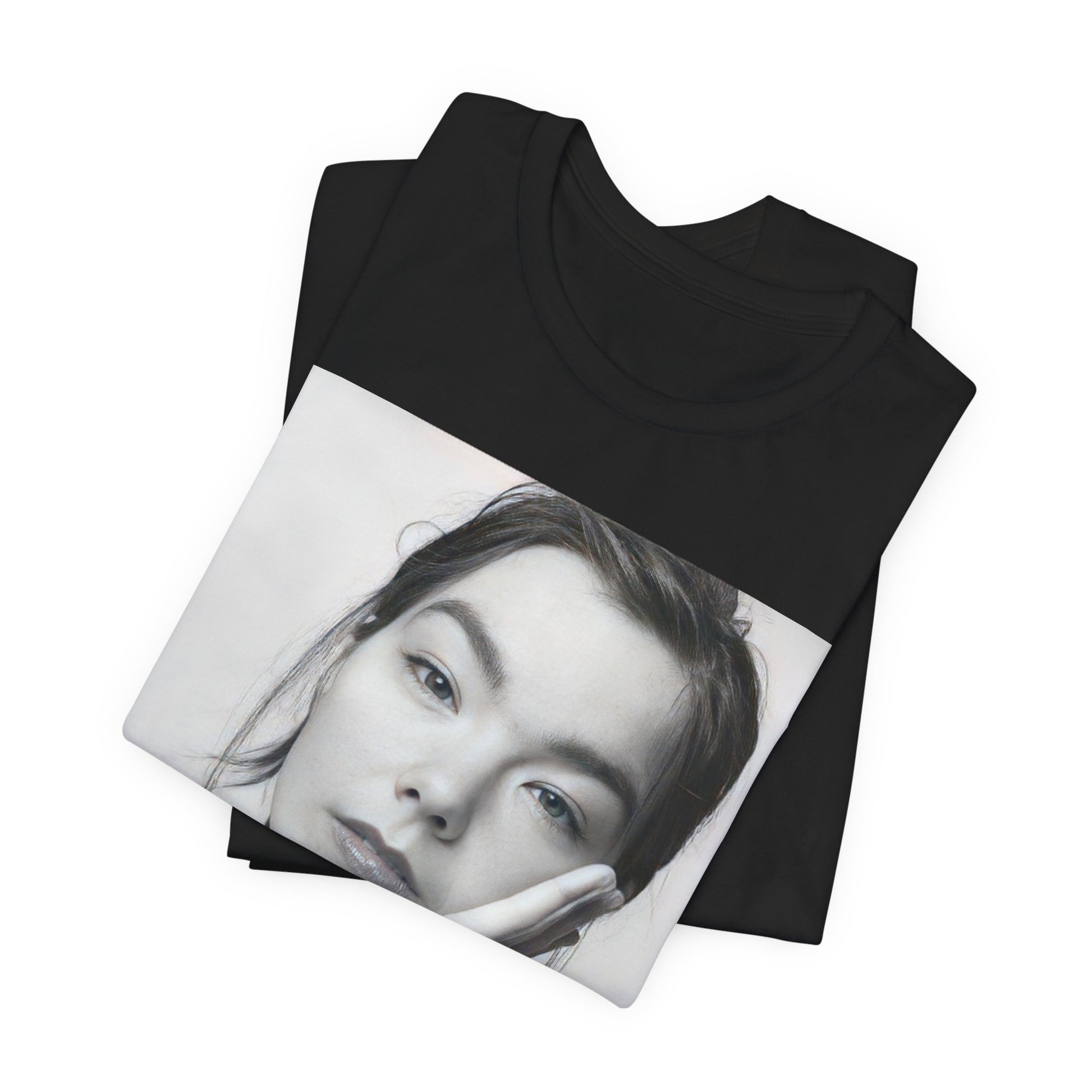A black graphic t-shirt featuring a graphic related to Bjork's 'Post' album era, possibly with album art elements.