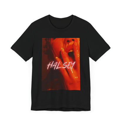 A black graphic t-shirt featuring a retro graphic related to Halsey's 'Without Me' song or era.