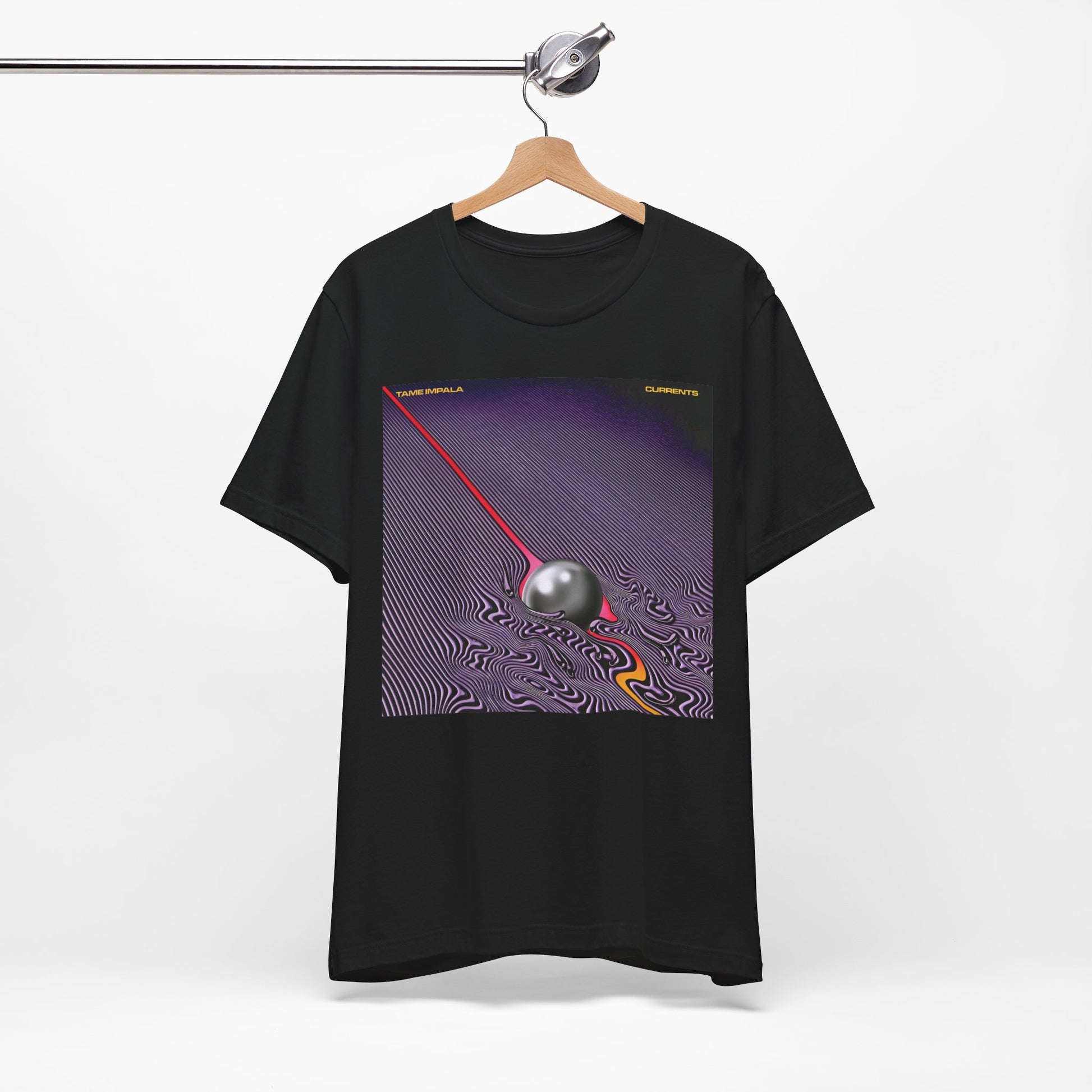 A black graphic t-shirt featuring a graphic related to Tame Impala's 'Currents' album.