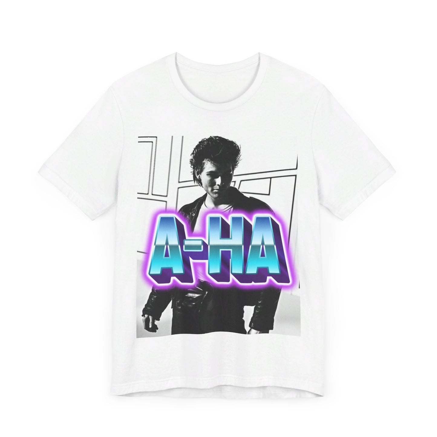 A black graphic t-shirt featuring a vintage 80s black and white photo of the band A-HA, capturing their iconic look.