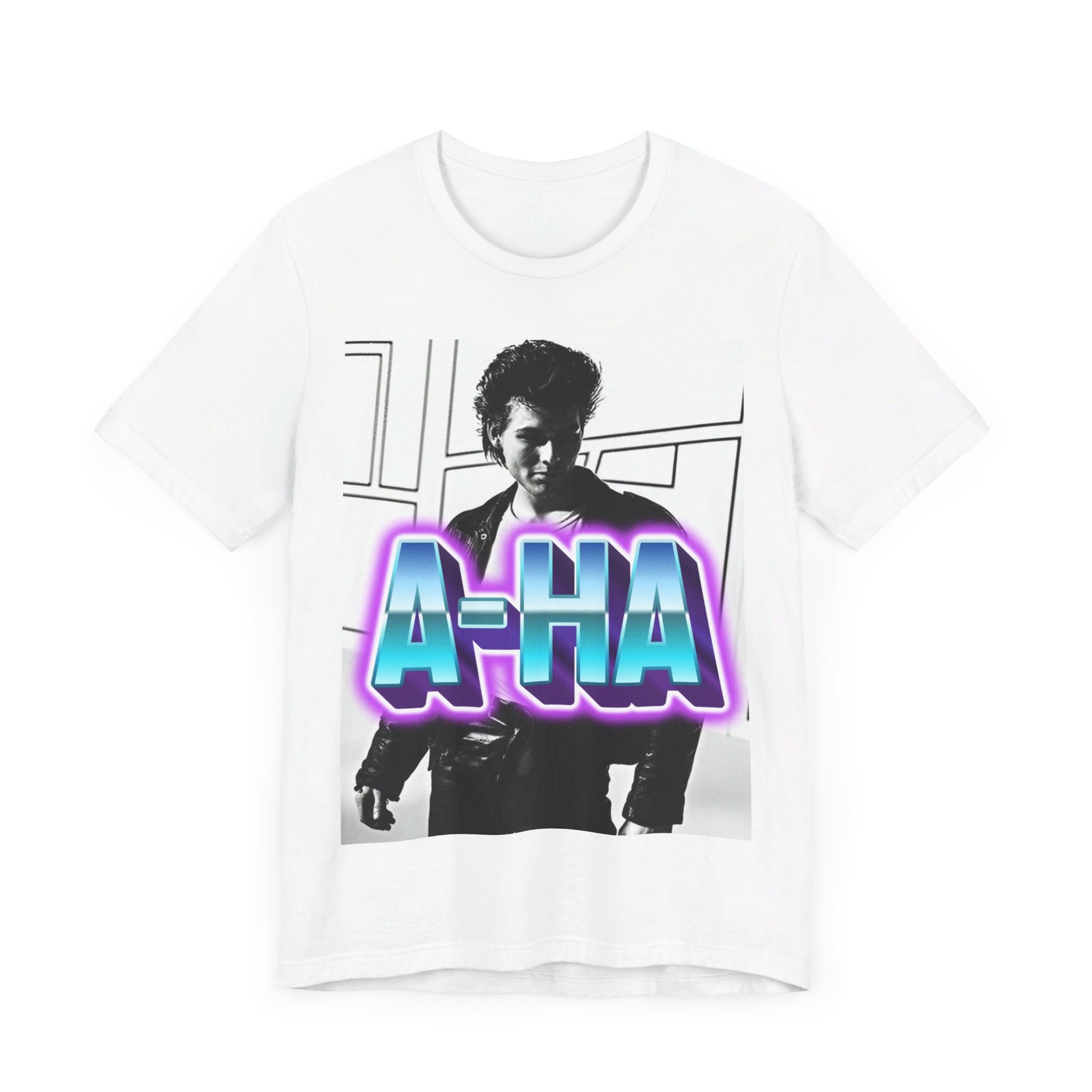 A black graphic t-shirt featuring a vintage 80s black and white photo of the band A-HA, capturing their iconic look.