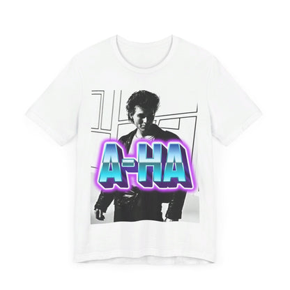 A black graphic t-shirt featuring a vintage 80s black and white photo of the band A-HA, capturing their iconic look.
