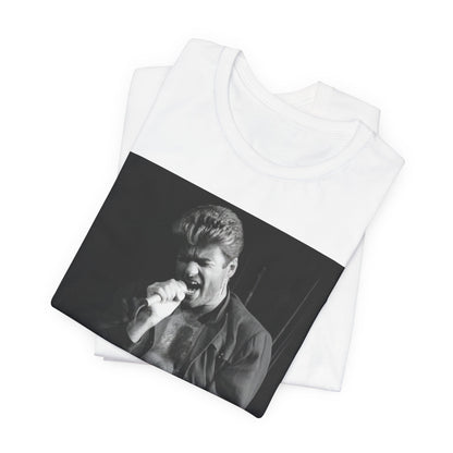 A black graphic t-shirt featuring a glamorous photo or graphic of George Michael performing live.