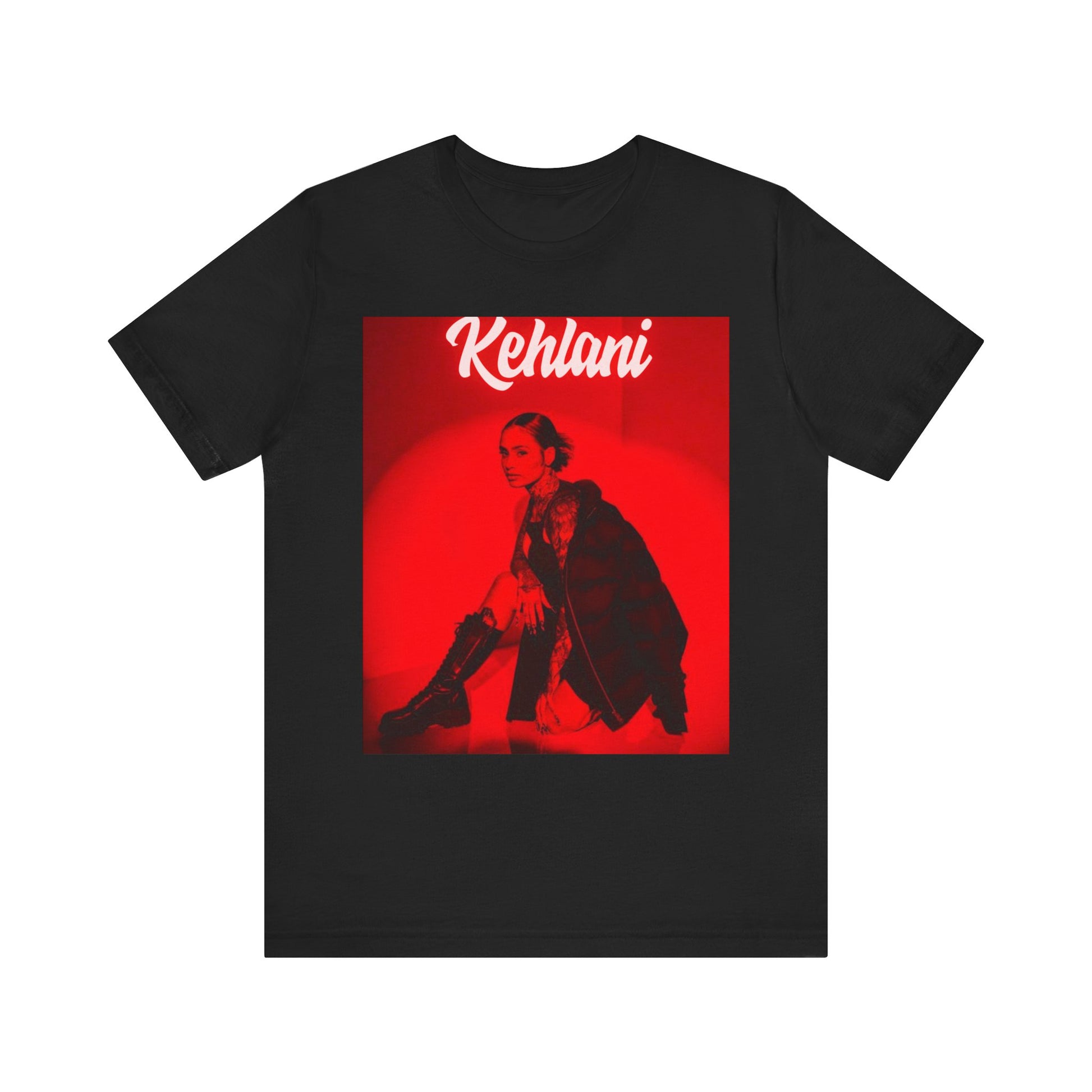 A black graphic t-shirt featuring a photo of Kehlani with a prominent red aesthetic or red lighting.