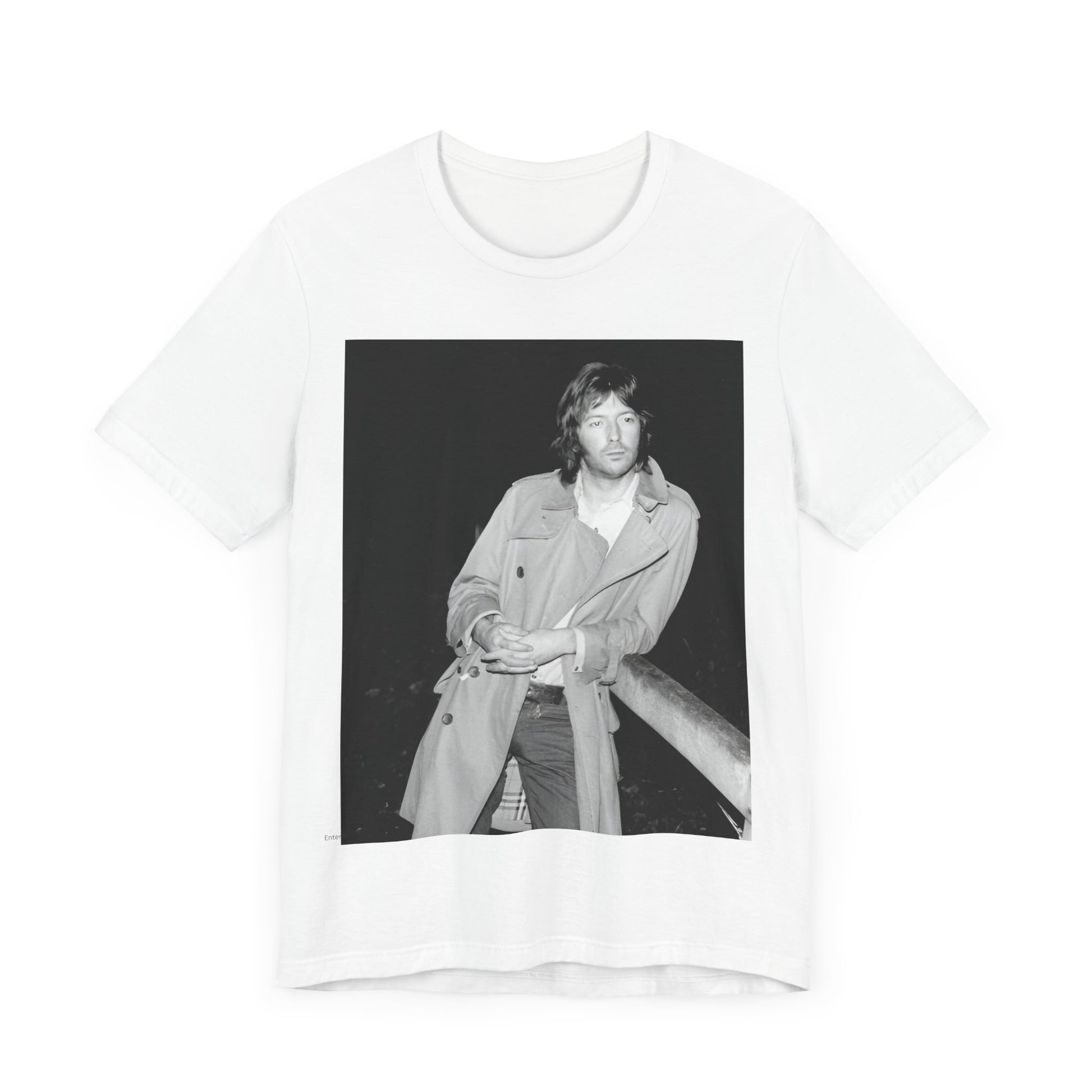 A black graphic t-shirt featuring a retro graphic of Eric Clapton as a blues master.