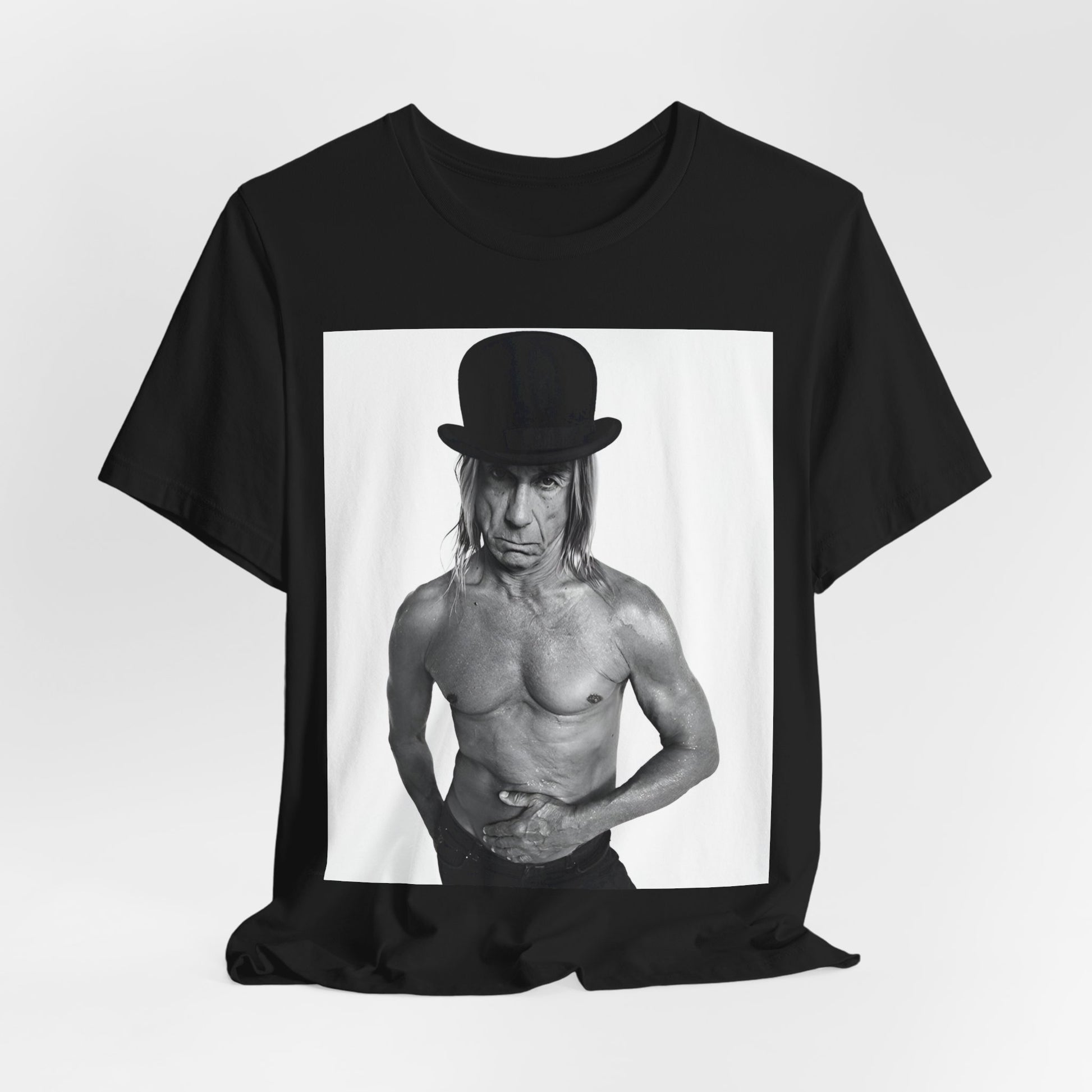A black graphic t-shirt featuring a black and white photo of Iggy Pop wearing a hat.
