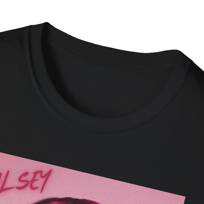 A black graphic t-shirt featuring a photo of Halsey with neon pink hair.