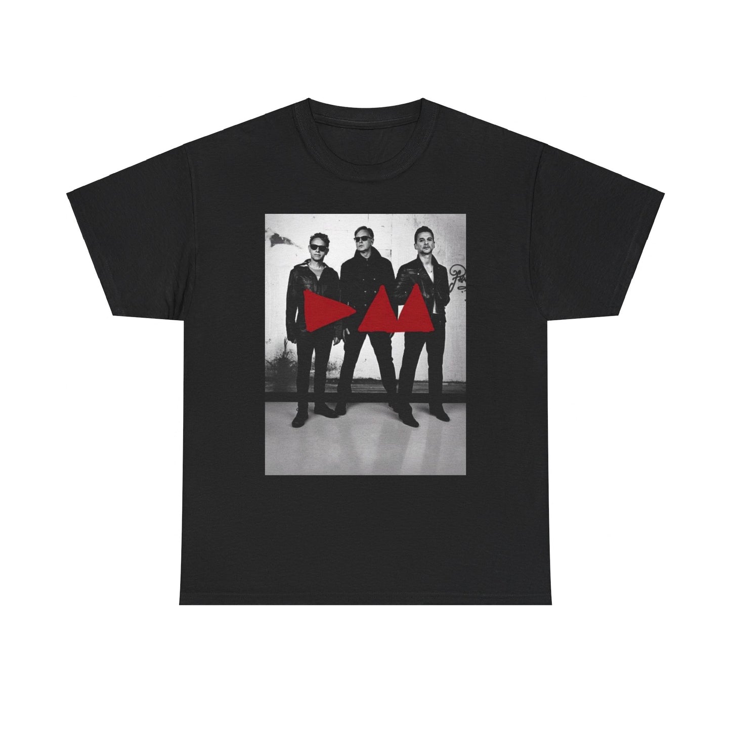 A black graphic t-shirt featuring a photo portrait of the synth-pop band Depeche Mode.